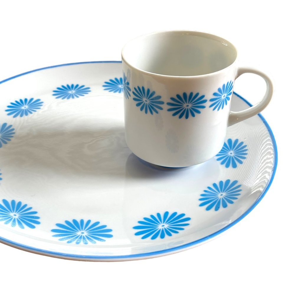 RARE Vintage Luncheon Plates Snack Sets with Cups, Flower Power Daisy Blue White